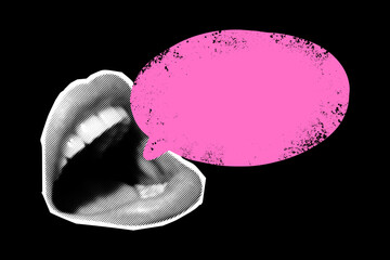Collage art showcases stylized female lips with a pronounced halftone effect. A vibrant pink speech bubble enhances the visual, set against a bold black background.