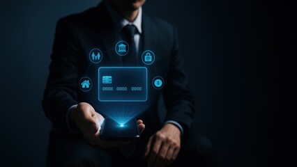 A businessman using smartphone with a glowing virtual credit card and floating icons, emphasizing modern security and innovation in digital finance, bank safety and protection