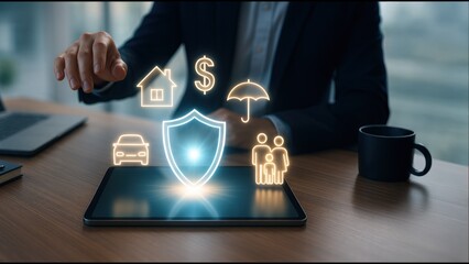 Businessman interacts with tablet displaying floating financial icons with shield, bank safety and protection