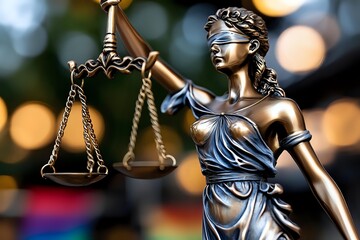Bronze statue of Lady Justice holding scales against blurred bokeh background, symbolizing law, justice and legal system. Dramatic lighting highlights metallic details.