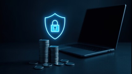 A laptop with stack of coins and glowing shield icon representing digital security, tech focused atmosphere, bank safety and protection