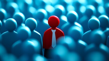 Standing out from crowd concept shown with red figure wearing tie among blue figures, leadership and individuality representation in business environment.