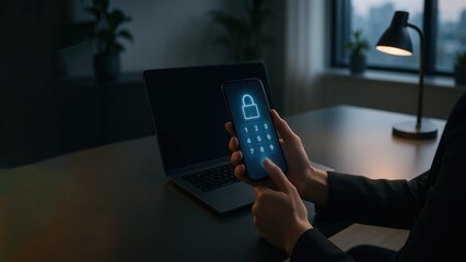 A businessperson with a smartphone displaying a futuristic lock interface, bank safety and protection