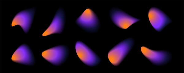 Ten abstract, blurry shapes in shades of violet and orange appear against a black backdrop. The shapes resemble droplets or fluid forms, exhibiting smooth color gradients.