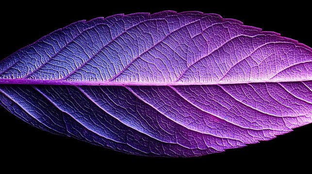 Vibrant purple leaf with detailed vein structure and texture illuminated against dark background showcases natural patterns and botanical detail in macro photography.