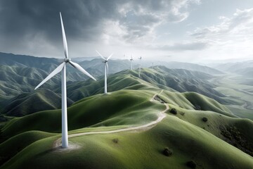 Majestic wind turbines on lush green hills under dramatic sky