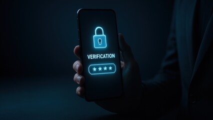 A hand holds a smartphone with a glowing verification process and padlock icon in a dark, secure environment, bank safety and protection