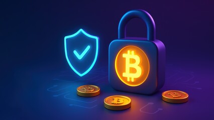 3d scene with a large metallic lock and glowing bitcoin symbol with golden coins surrounded by soft neon lighting, bank safety and protection