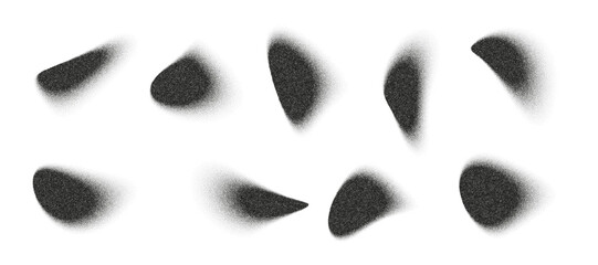 Ten distinct noise liquid shape forms are rendered with soft, stippled edges. These amorphous black forms are arranged across a bright white background, allowing for versatile design elements.