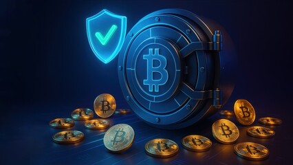 Futuristic vault lock with a bitcoin and a glowing security shield in an electric blue lit environment, bank safety and protection