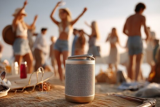 Portable speaker at beach party with young caucasian adults dancing in background