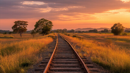Fototapeta premium Golden Hour Railroad Sunset Landscape