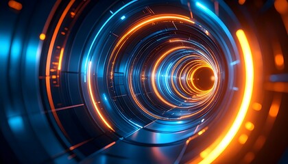 Futuristic tunnel with glowing rings