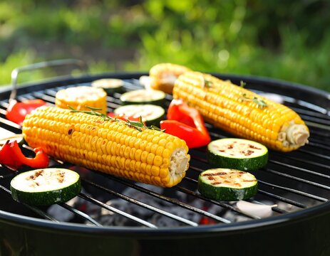Grilled corn, zucchini, and peppers on a barbecue