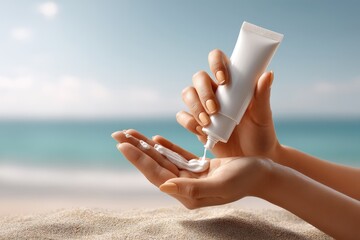 Female hands applying sunscreen lotion on beach with ocean background