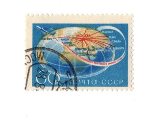 A vintage postage stamp from Russia isolated on a white background.