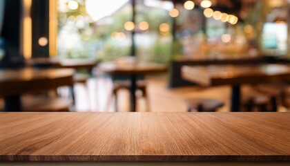 empty wooden table blurred of restaurant cafe background and reception room can be used for display or montage your products