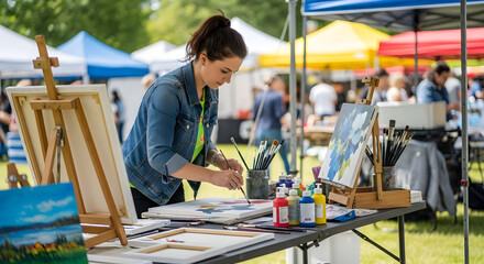 Female artist arranging paintings and art supplies at an outdoor art fair or market.