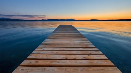 Fototapeta premium Wooden pier stretches into calm lake at sunset, reflecting orange sky and mountain silhouettes on tranquil blue water surface, creating serene landscape view.