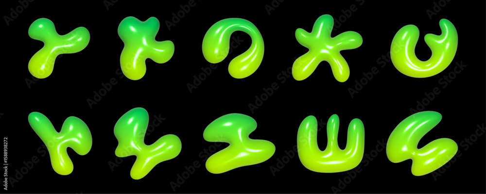 Poster a collection of abstract 3d shapes in various forms created from liquid material featuring a reflect