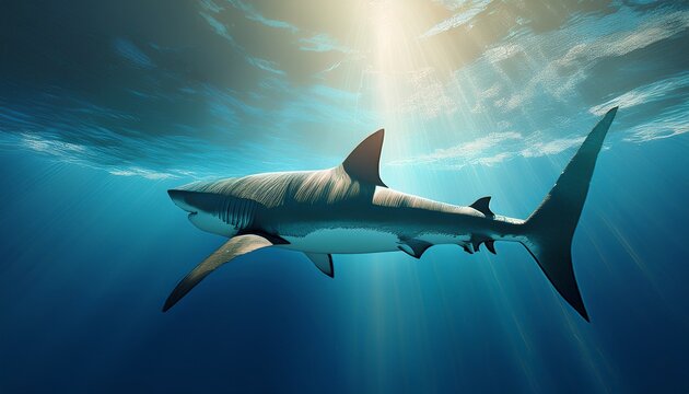 ultra hd photo shark underwater view from under back shark tail in ocean and buetiful ray light 3d rendering