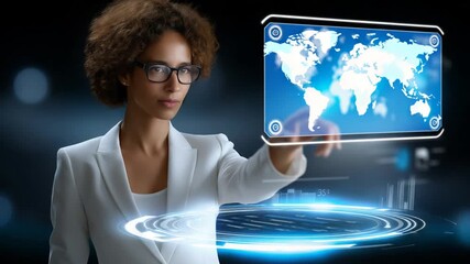 Businesswoman analyzing social media sentiment metrics on a digital dashboard - Powered by Adobe