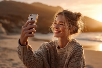 Young caucasian female taking selfie at beach during sunset
