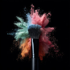 Colorful Powder Explosion with Makeup Brush on Black Background