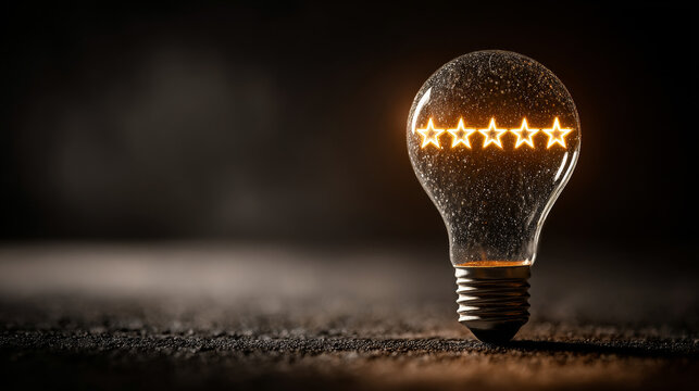 Glowing light bulb with five star rating symbolizes innovation and excellence, set against dark background. illuminated stars within bulb convey sense of quality and high standards