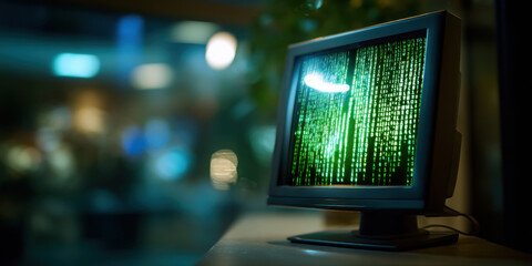Old computer monitor displaying green digital code with blurred background and soft lighting