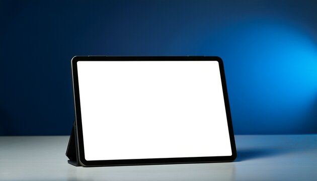 an ipad standing horizontally showing a white screen on a table blue lighting background inside a room of artist