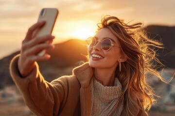 Young caucasian female enjoying sunset with a joyful selfie moment