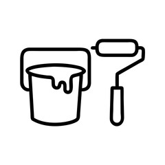 Paint roller and bucket with dripping paint for home improvement, minimalistic black line drawing