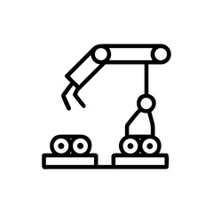 Assembly line icon with robotic arm for manufacturing and automation, minimalistic black line drawing