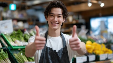 両手でサムズアップする、とても楽しそうなスーパーの男性店員