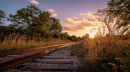 Fototapeta premium Sunset Railway: Golden Hour Landscape
