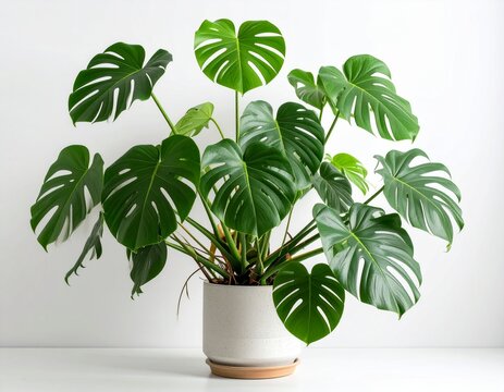"High-resolution studio photograph of a healthy Monstera Thai Constellation plant. Soft, diffused lighting on a seamless white backdrop. Accurate color representation, exceptional detail, and cinemati