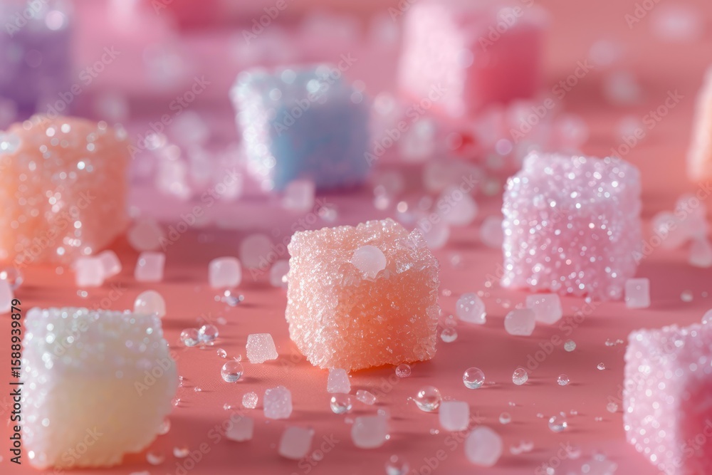 Poster macro close up of colorful sugar cubes sparkling on a pink background, creating a sweet and sugary t