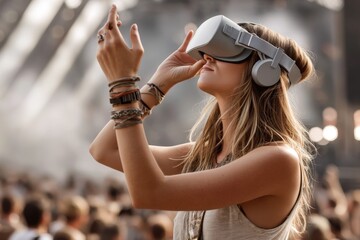 Young caucasian female experiencing vr at outdoor music festival