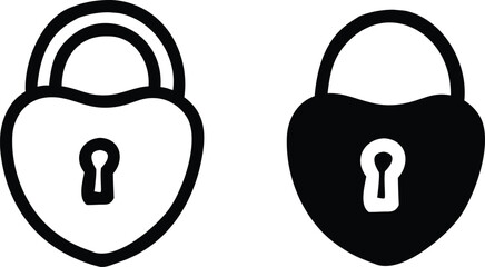 Heart Padlock Icon Set – Black and White Vector Symbols for Love, Security, and Privacy