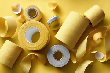 Assorted yellow and gray tape rolls on yellow background with shadows and highlights