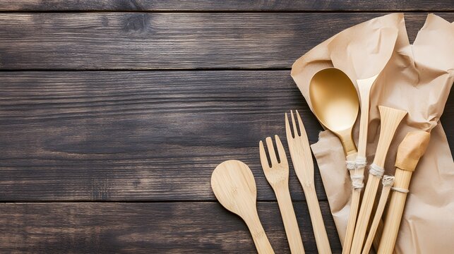 Elegant Gold & Bamboo Cutlery on Wood Background - Powered by Adobe