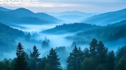 misty morning hills and blue forest valley. tranquil scenic nature landscape