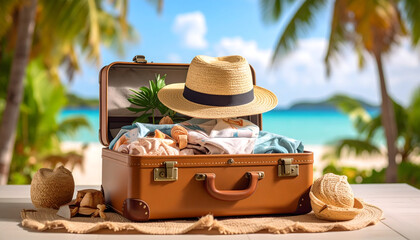 Packed Vintage Suitcase Tropical Beach Vacation