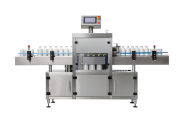 Stainless steel bottling machine with white containers industrial