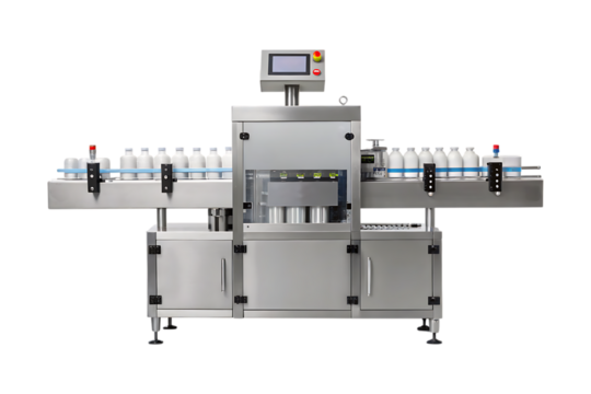 Stainless steel bottling machine with white containers industrial