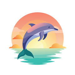flat vector dolphin jumping from ocean under soft waves,