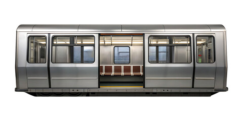 Silver subway car interior with brown seats and windows train