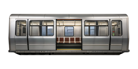 Silver subway car interior with brown seats and windows train