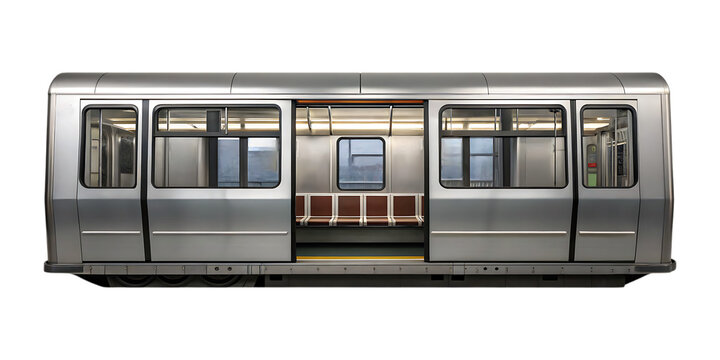 Silver subway car interior with brown seats and windows train